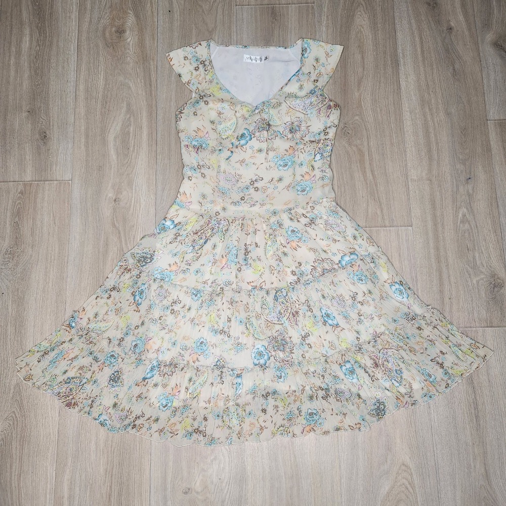 Migaino Floral Paisley Chiffon Tiered Mini Dress Pastel Blue Cream Size 38